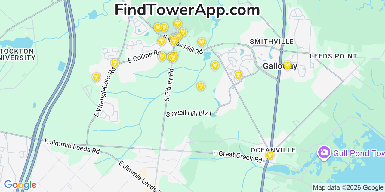 Map showing the 20 primary cell tower locations detected in Smithville, New Jersey from AT&T, Verizon, and T-Mobile networks