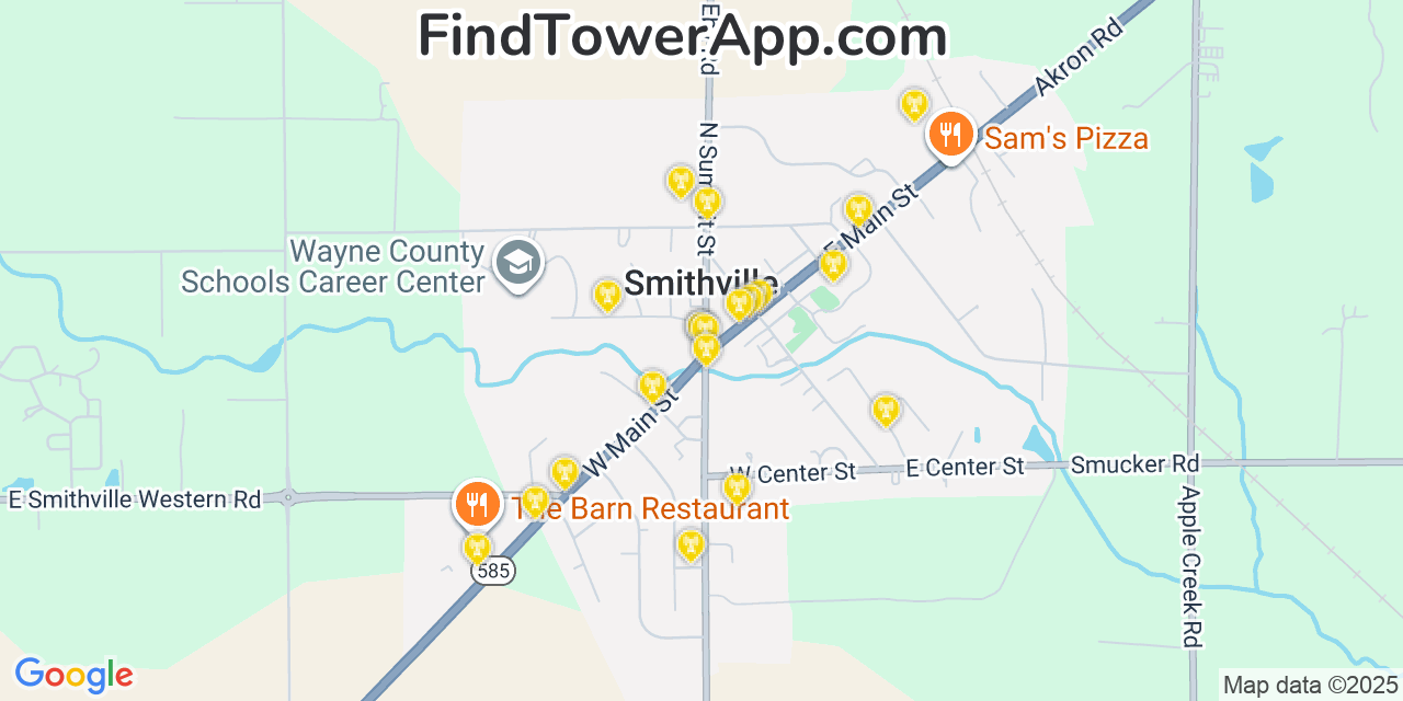 Map showing the 20 primary cell tower locations detected in Smithville, Ohio from AT&T, Verizon, and T-Mobile networks