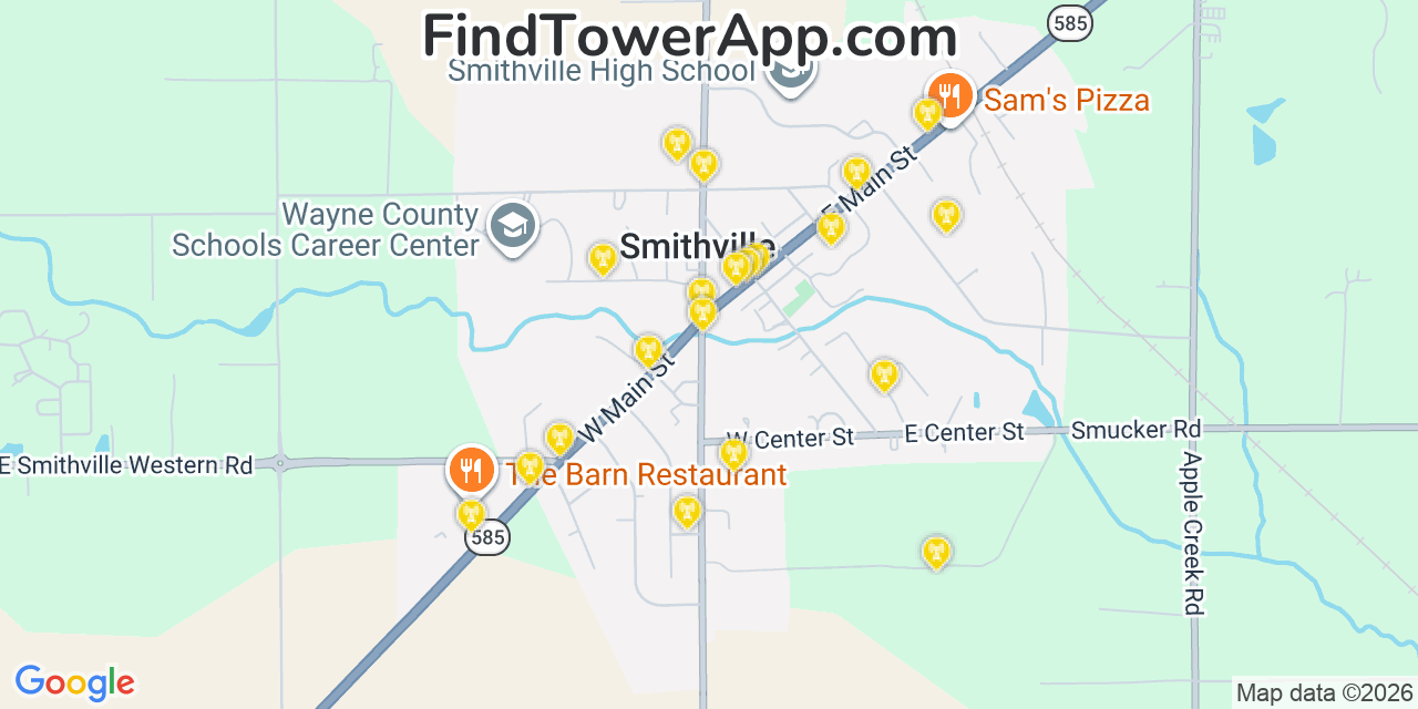 Map showing the 20 primary cell tower locations detected in Smithville, Ohio from AT&T, Verizon, and T-Mobile networks