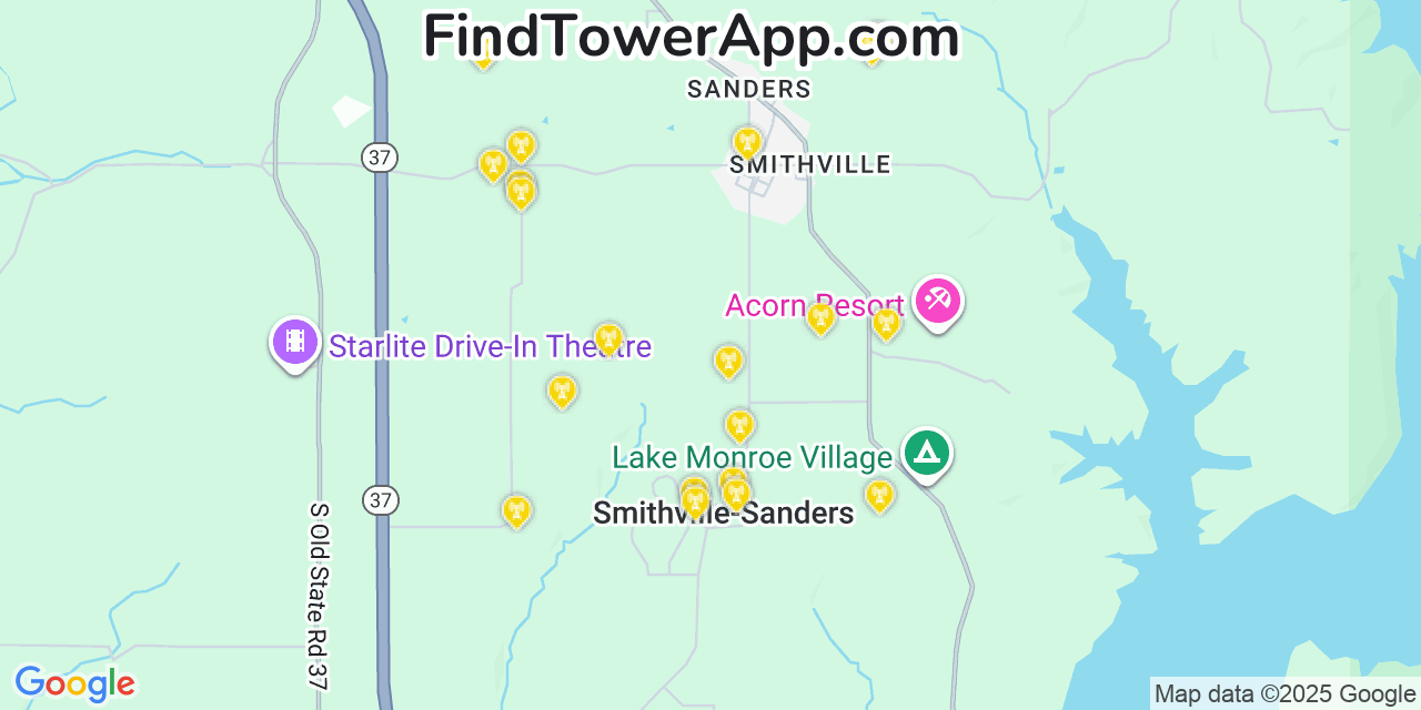 Map showing the 20 primary cell tower locations detected in Smithville-Sanders, Indiana from AT&T, Verizon, and T-Mobile networks