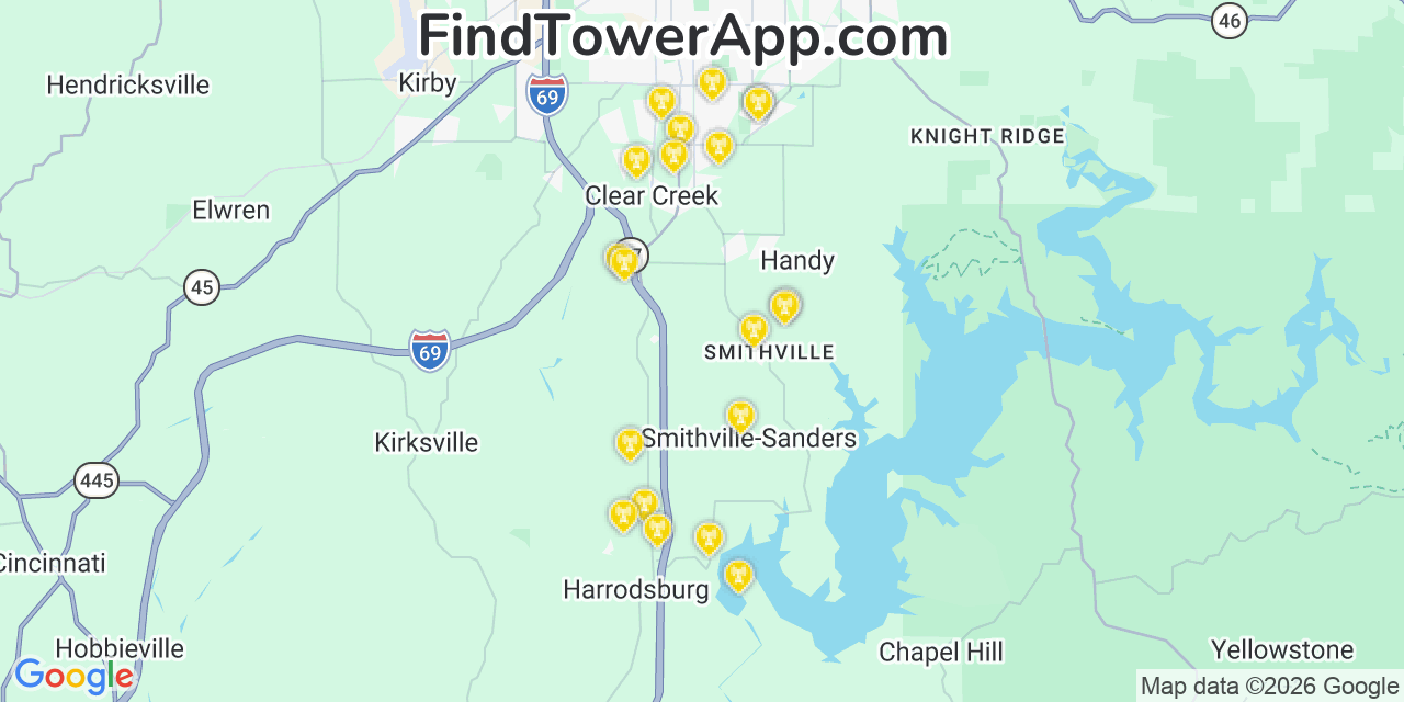 Map showing the 20 primary cell tower locations detected in Smithville Sanders, Indiana from AT&T, Verizon, and T-Mobile networks