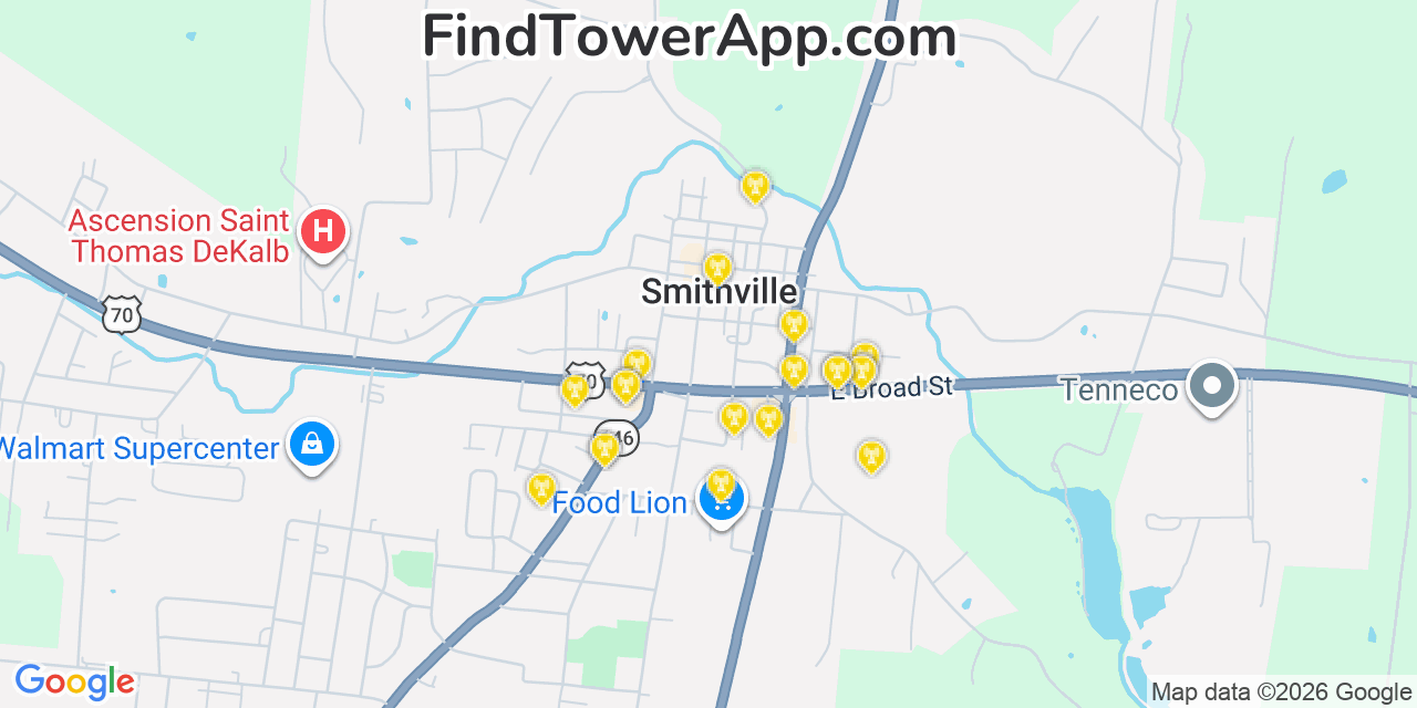 Map showing the 20 primary cell tower locations detected in Smithville, Tennessee from AT&T, Verizon, and T-Mobile networks