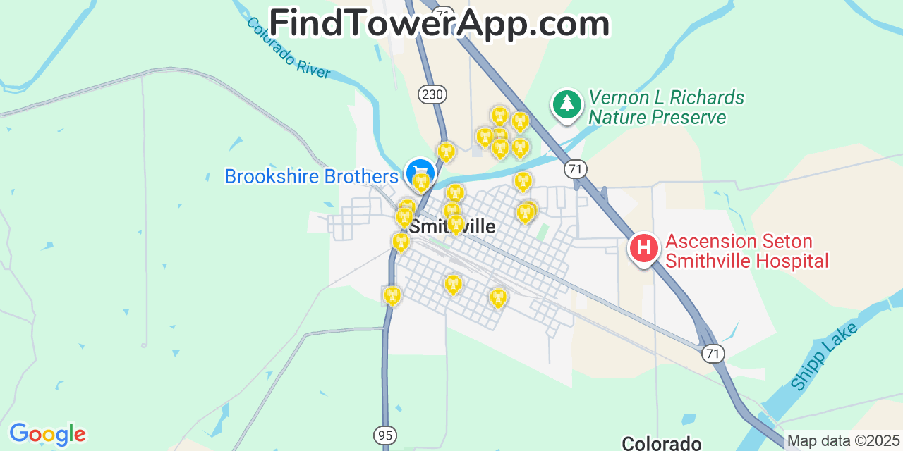 Map showing the 20 primary cell tower locations detected in Smithville, Texas from AT&T, Verizon, and T-Mobile networks