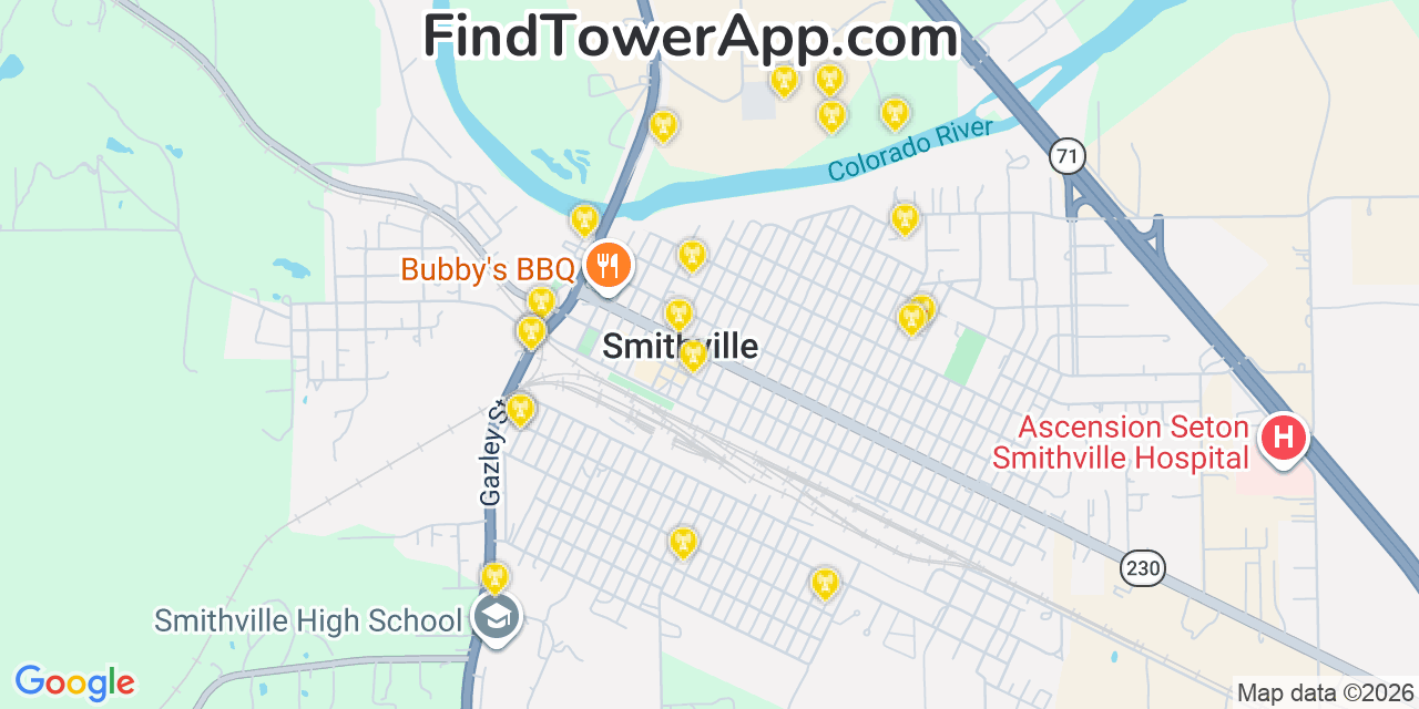 Map showing the 20 primary cell tower locations detected in Smithville, Texas from AT&T, Verizon, and T-Mobile networks