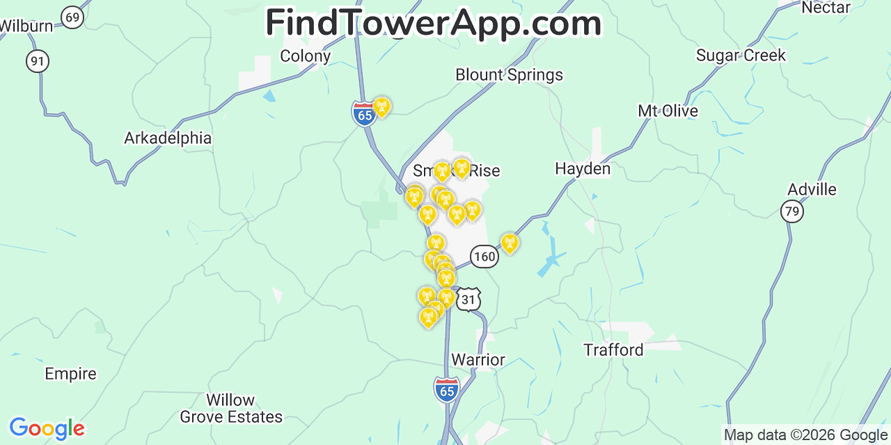 Map showing the 20 primary cell tower locations detected in Smoke Rise, Alabama from AT&T, Verizon, and T-Mobile networks