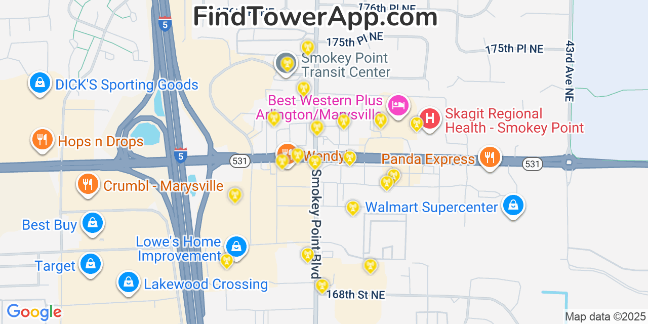 Map showing the 20 primary cell tower locations detected in Smokey Point, Washington from AT&T, Verizon, and T-Mobile networks