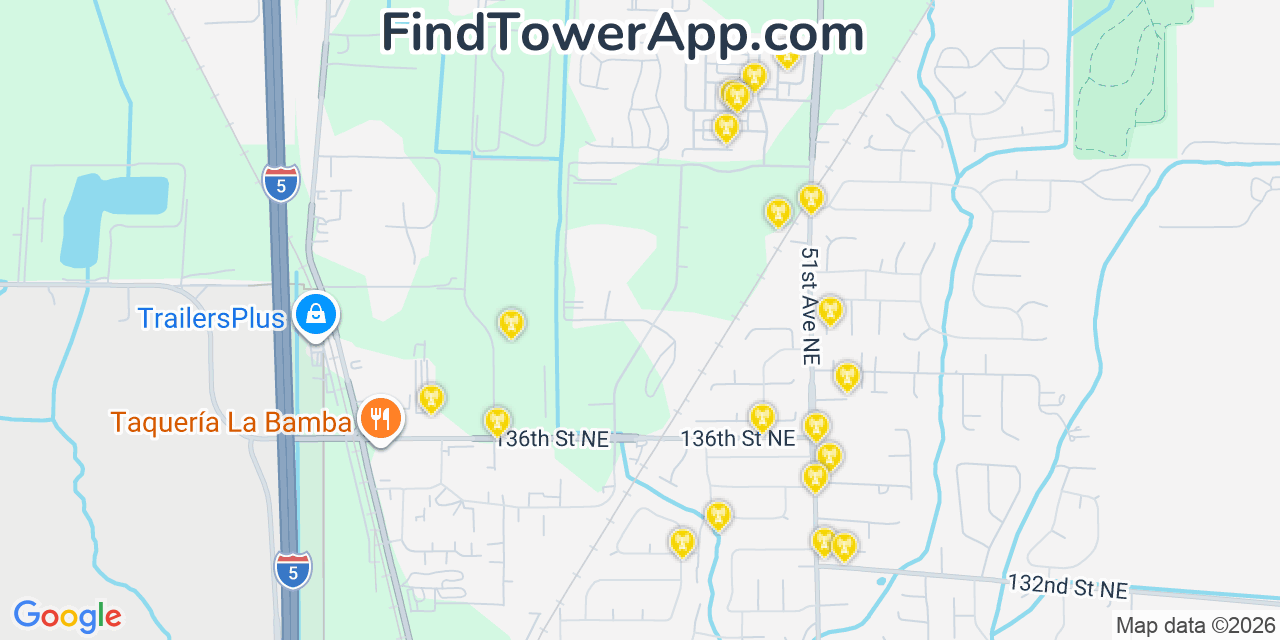 Map showing the 20 primary cell tower locations detected in Smokey Point, Washington from AT&T, Verizon, and T-Mobile networks