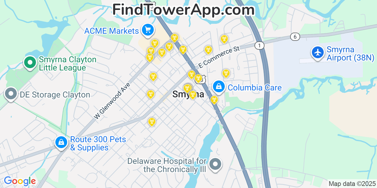 Map showing the 20 primary cell tower locations detected in Smyrna, Delaware from AT&T, Verizon, and T-Mobile networks