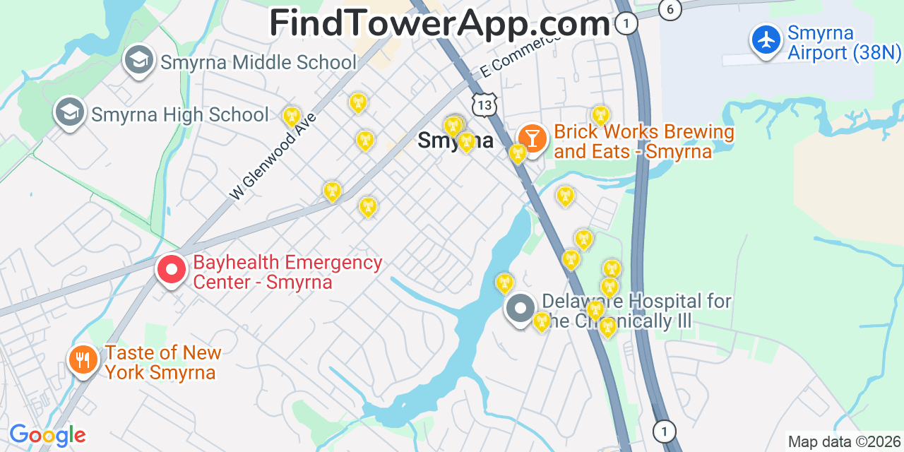 Map showing the 20 primary cell tower locations detected in Smyrna, Delaware from AT&T, Verizon, and T-Mobile networks