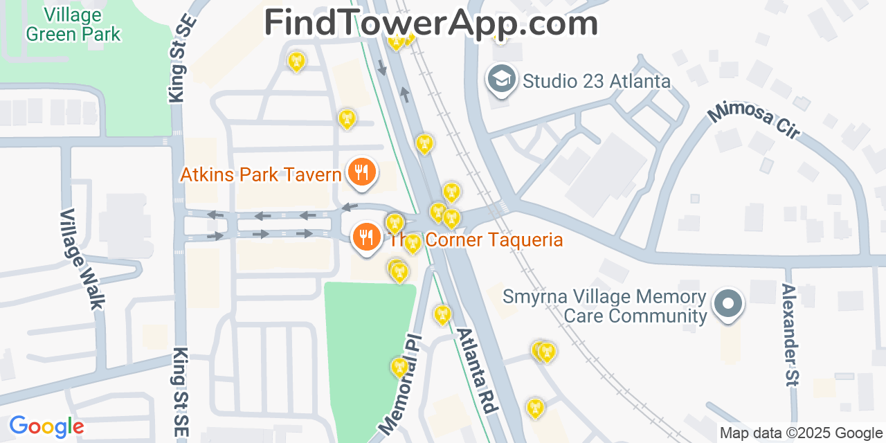 Map showing the 20 primary cell tower locations detected in Smyrna, Georgia from AT&T, Verizon, and T-Mobile networks