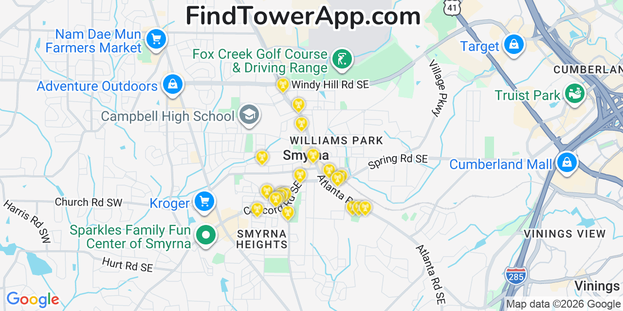Map showing the 20 primary cell tower locations detected in Smyrna, Georgia from AT&T, Verizon, and T-Mobile networks