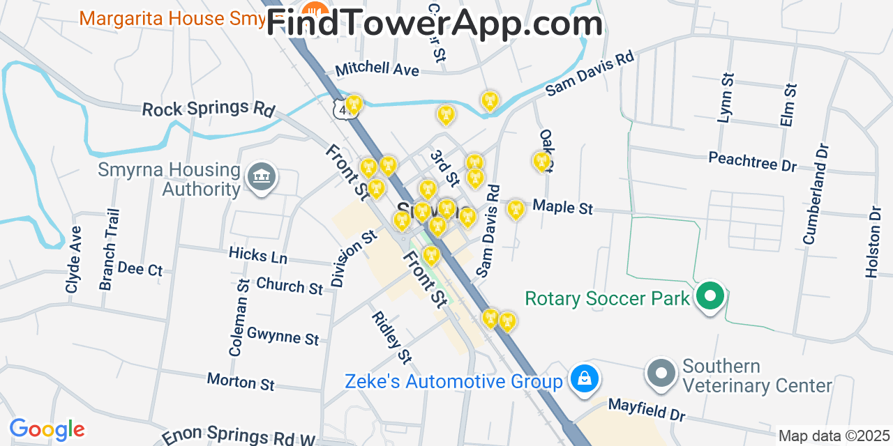 Map showing the 20 primary cell tower locations detected in Smyrna, Tennessee from AT&T, Verizon, and T-Mobile networks