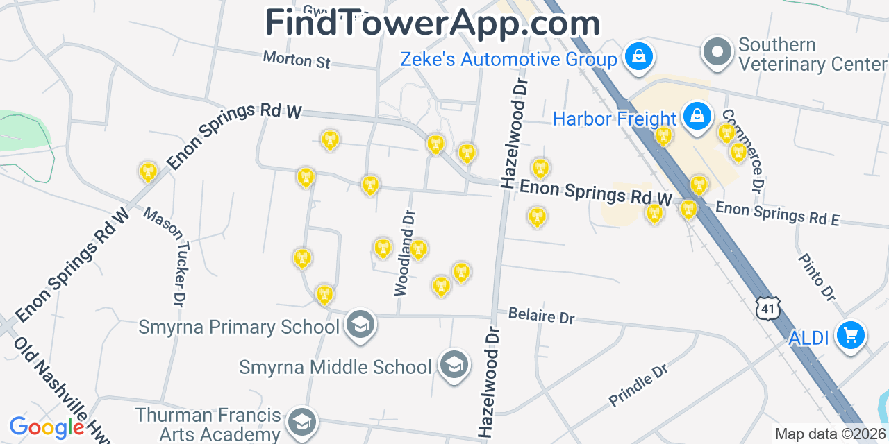 Map showing the 20 primary cell tower locations detected in Smyrna, Tennessee from AT&T, Verizon, and T-Mobile networks
