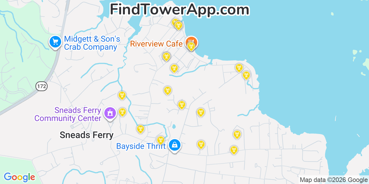 Map showing the 20 primary cell tower locations detected in Sneads Ferry, North Carolina from AT&T, Verizon, and T-Mobile networks
