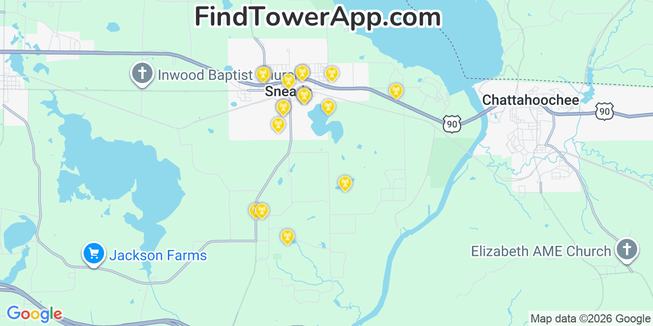 Map showing the 20 primary cell tower locations detected in Sneads, Florida from AT&T, Verizon, and T-Mobile networks