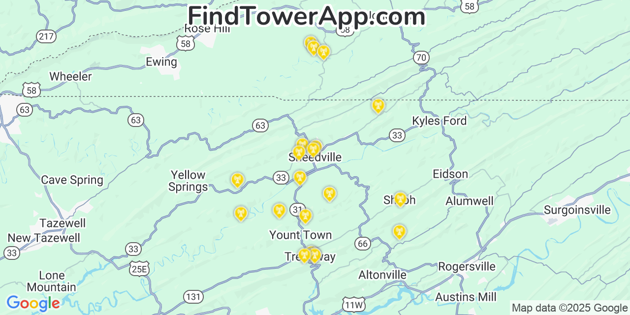 Map showing the 20 primary cell tower locations detected in Sneedville, Tennessee from AT&T, Verizon, and T-Mobile networks