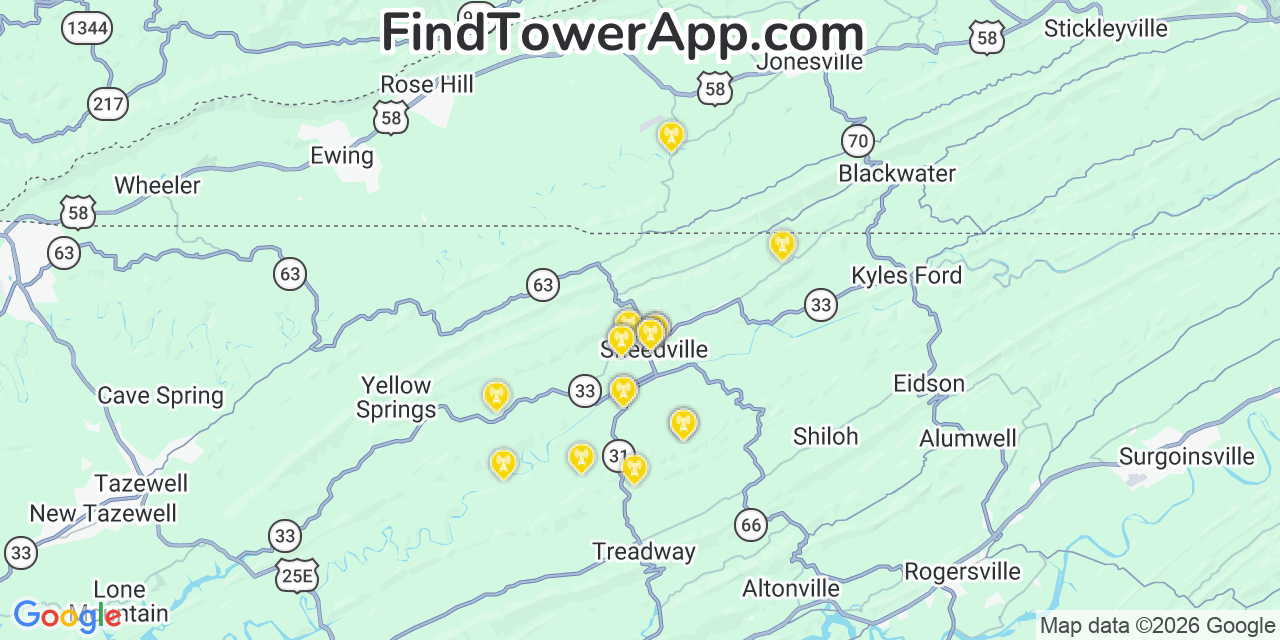 Map showing the 20 primary cell tower locations detected in Sneedville, Tennessee from AT&T, Verizon, and T-Mobile networks