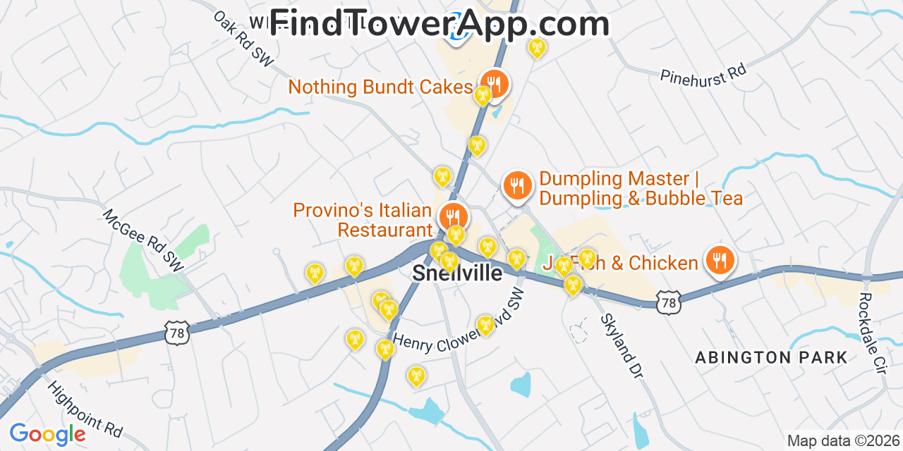 Map showing the 20 primary cell tower locations detected in Snellville, Georgia from AT&T, Verizon, and T-Mobile networks