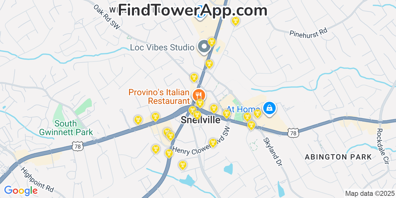 Map showing the 20 primary Mobitel cell tower locations detected in Snellville, Georgia with coverage radius and signal strength indicators