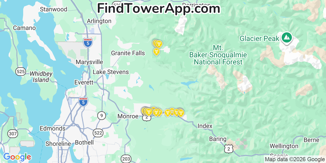 Map showing the 24 primary AT&T cell tower locations detected in Snohomish County, Washington with coverage radius and signal strength indicators