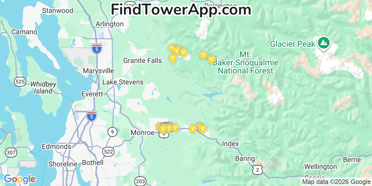 Map showing the 27 primary T-Mobile cell tower locations detected in Snohomish County, Washington with coverage radius and signal strength indicators