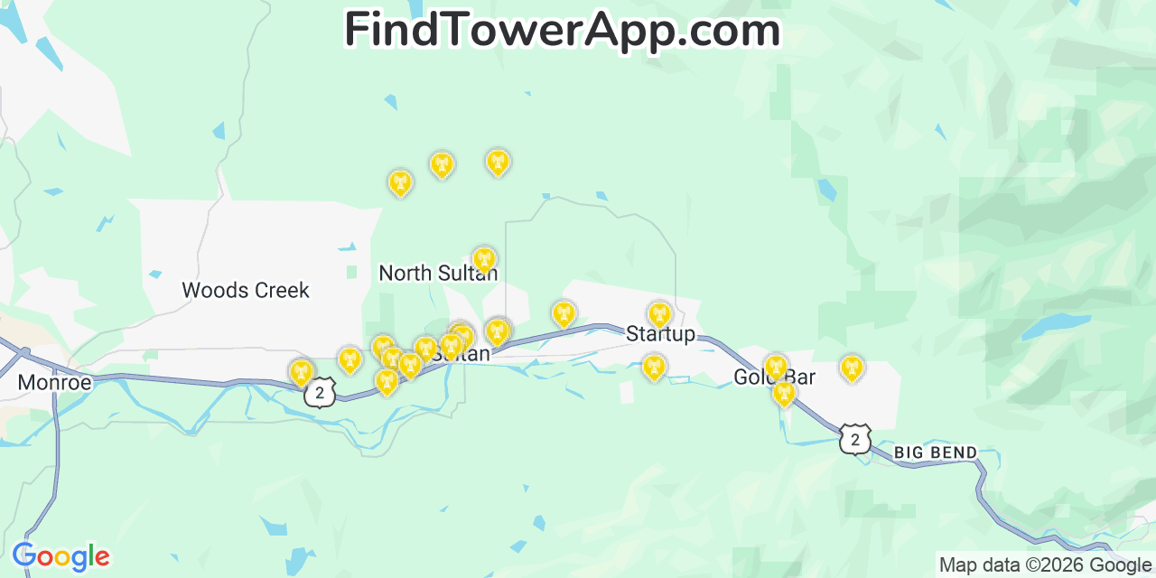 Map showing the 23 primary Verizon cell tower locations detected in Snohomish County, Washington with coverage radius and signal strength indicators