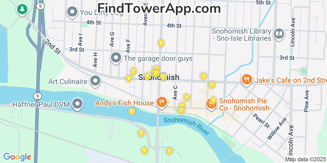 Map showing the 20 primary cell tower locations detected in Snohomish, Washington from AT&T, Verizon, and T-Mobile networks