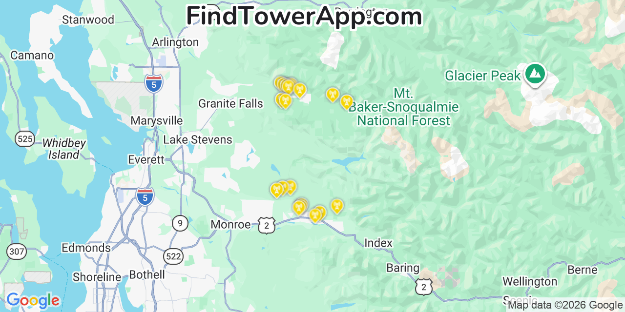 Map showing the 20 primary cell tower locations detected in Snohomish, Washington from AT&T, Verizon, and T-Mobile networks