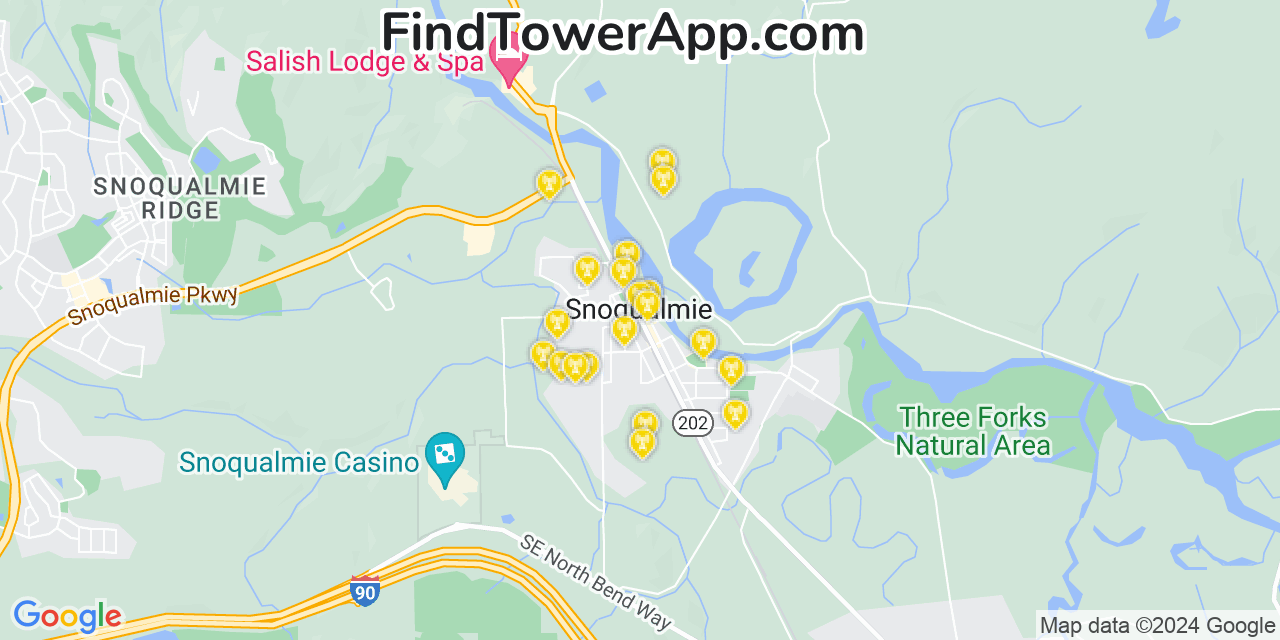 AT&T 4G/5G cell tower coverage map Snoqualmie, Washington