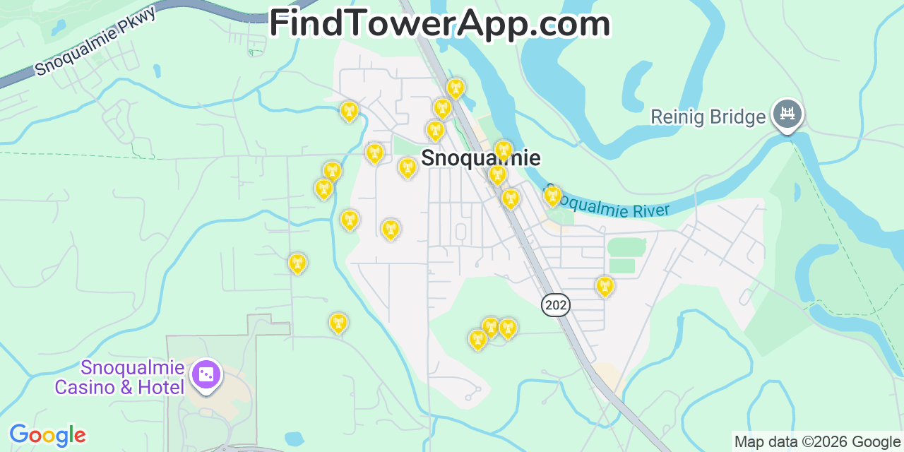 Map showing the 20 primary cell tower locations detected in Snoqualmie, Washington from AT&T, Verizon, and T-Mobile networks