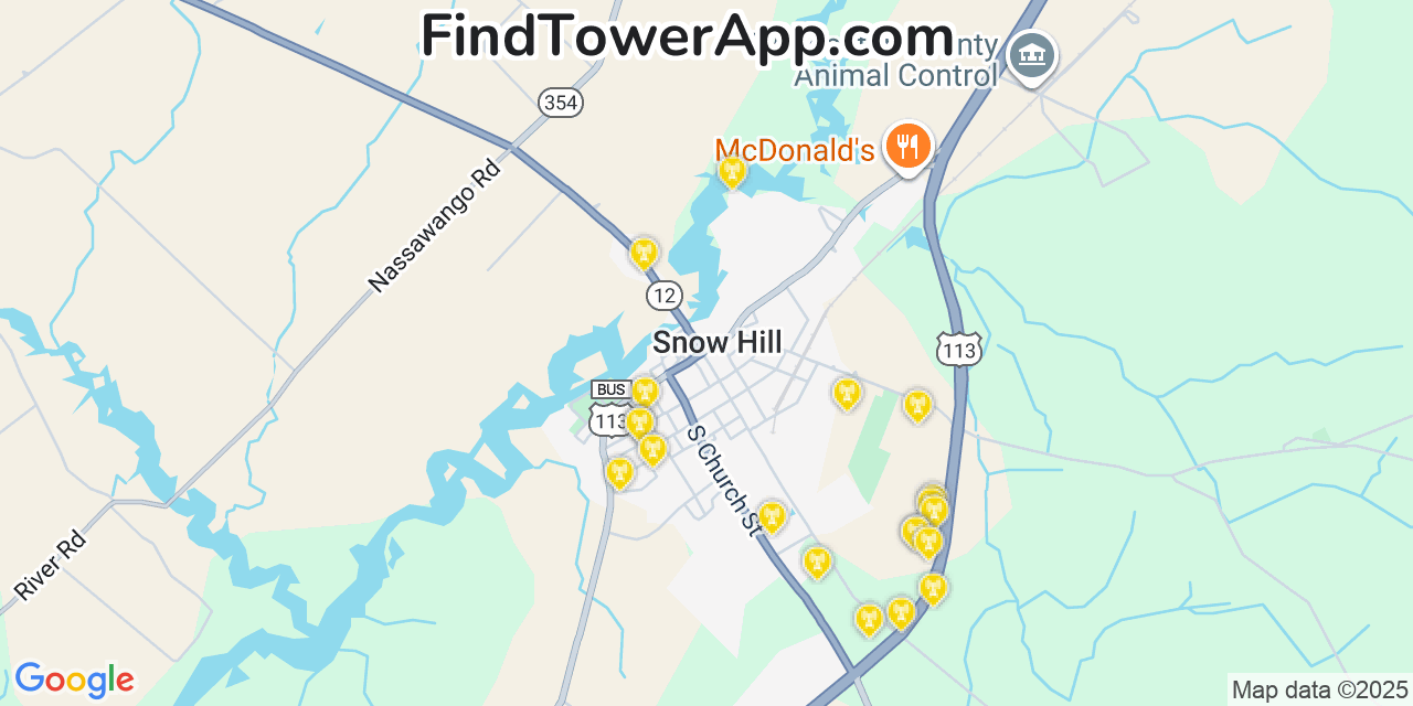 Map showing the 20 primary cell tower locations detected in Snow Hill, Maryland from AT&T, Verizon, and T-Mobile networks