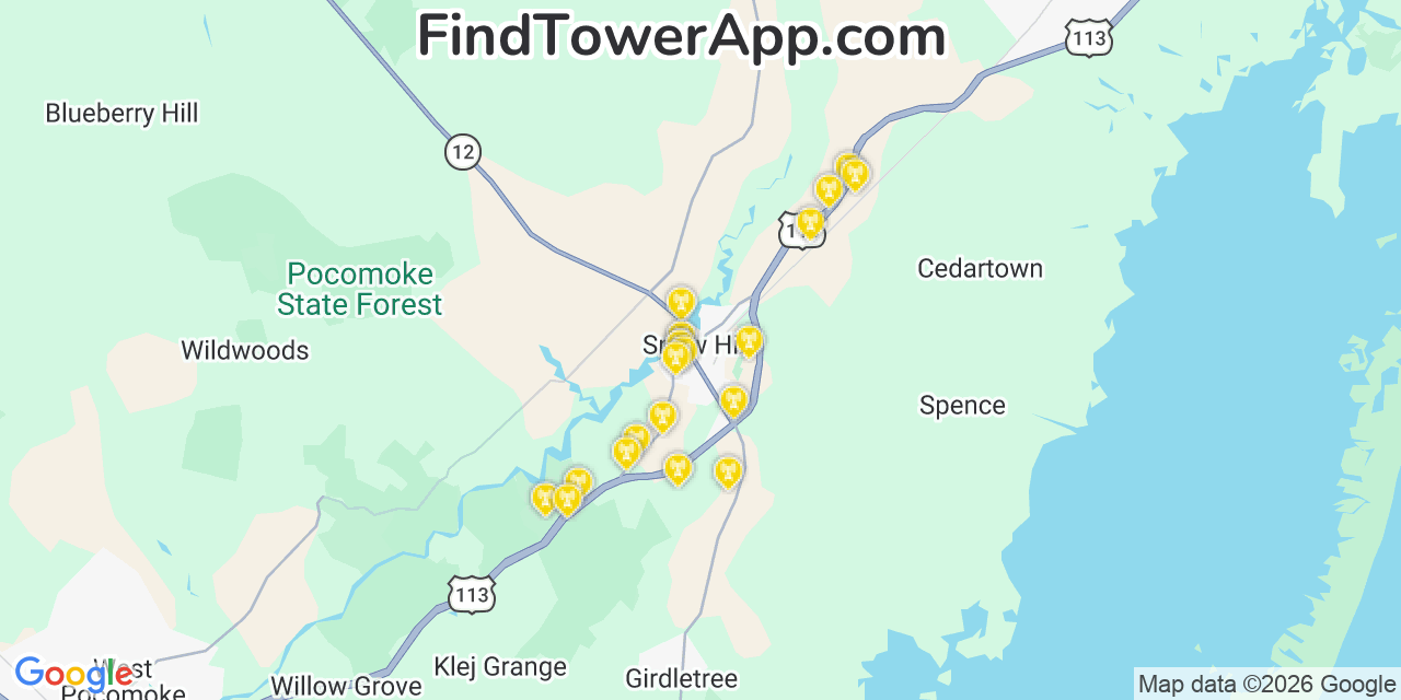 Map showing the 20 primary cell tower locations detected in Snow Hill, Maryland from AT&T, Verizon, and T-Mobile networks
