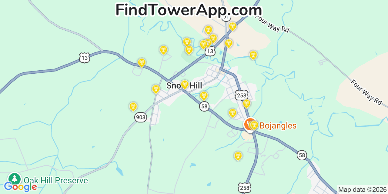 Map showing the 20 primary cell tower locations detected in Snow Hill, North Carolina from AT&T, Verizon, and T-Mobile networks