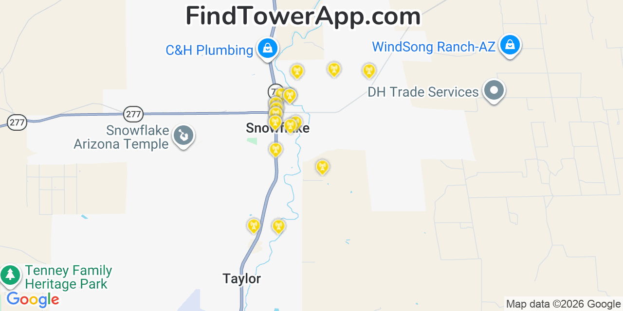 Map showing the 20 primary cell tower locations detected in Snowflake, Arizona from AT&T, Verizon, and T-Mobile networks