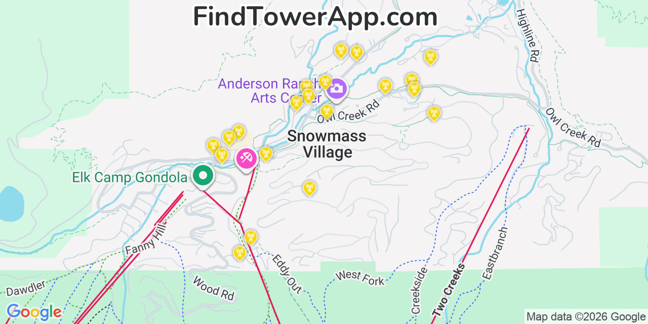 Map showing the 20 primary cell tower locations detected in Snowmass Village, Colorado from AT&T, Verizon, and T-Mobile networks
