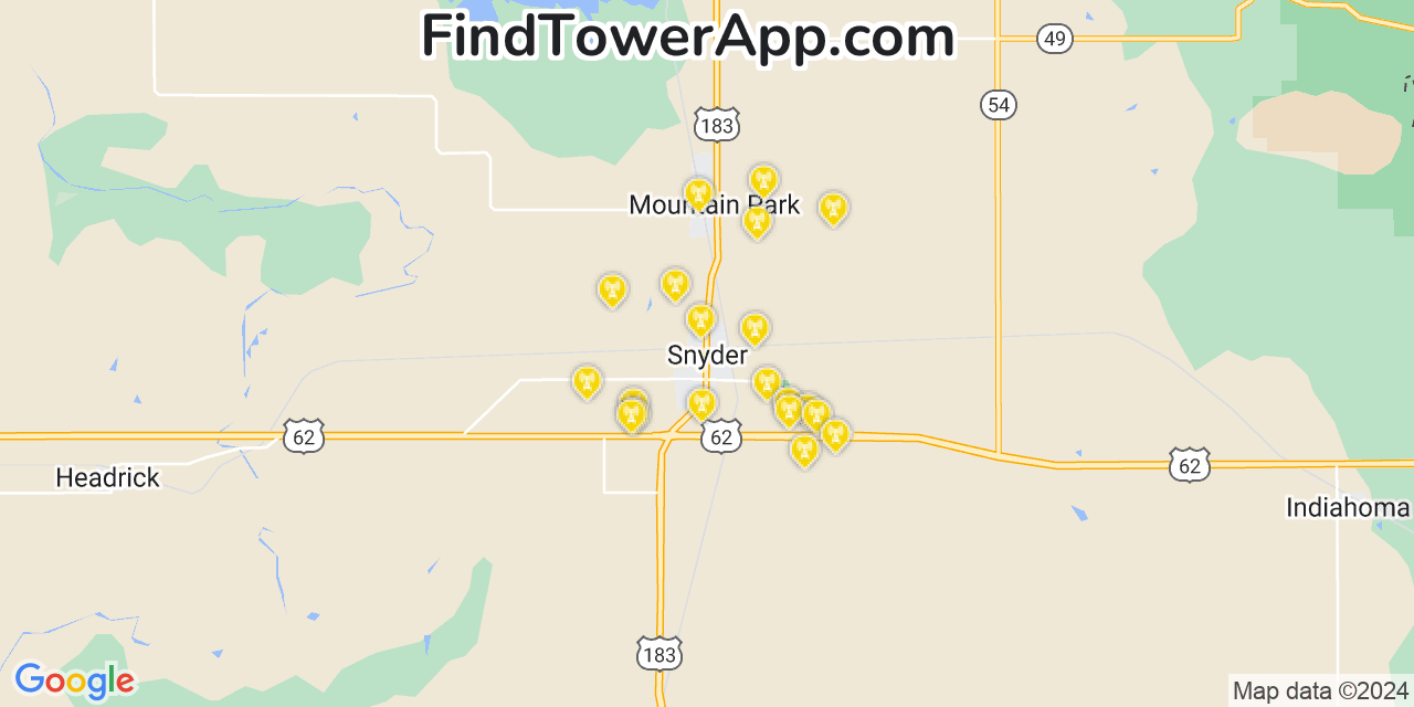 AT&T 4G/5G cell tower coverage map Snyder, Oklahoma