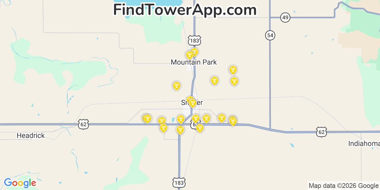 Map showing the 20 primary cell tower locations detected in Snyder, Oklahoma from AT&T, Verizon, and T-Mobile networks