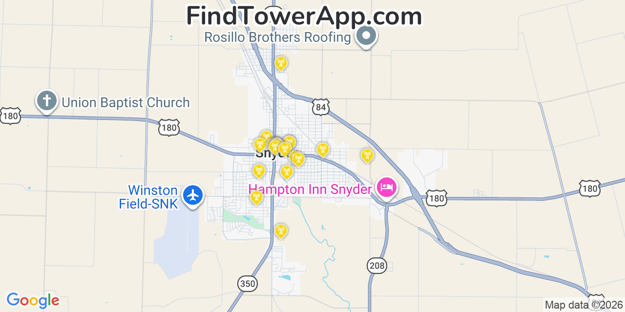 Map showing the 20 primary cell tower locations detected in Snyder, Texas from AT&T, Verizon, and T-Mobile networks
