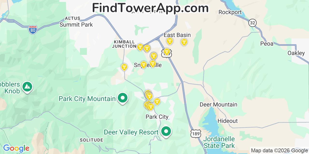 Map showing the 20 primary cell tower locations detected in Snyderville, Utah from AT&T, Verizon, and T-Mobile networks