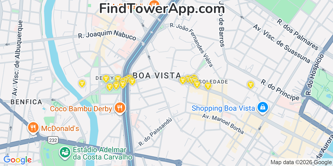 Map showing the 20 primary Vivo cell tower locations in So Paulo, Brazil