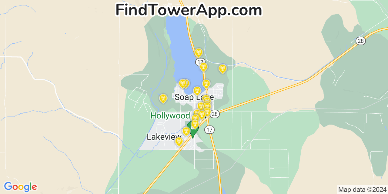 AT&T 4G/5G cell tower coverage map Soap Lake, Washington