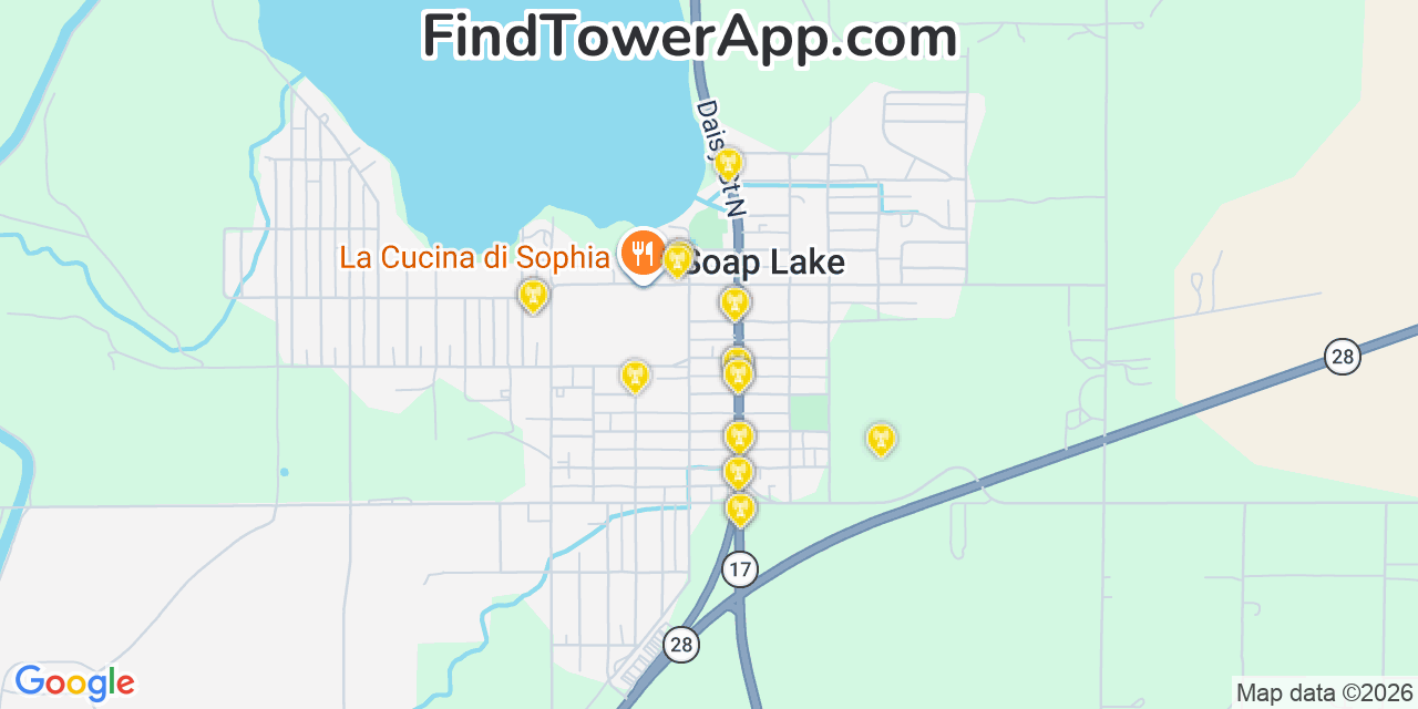 Map showing the 20 primary cell tower locations detected in Soap Lake, Washington from AT&T, Verizon, and T-Mobile networks