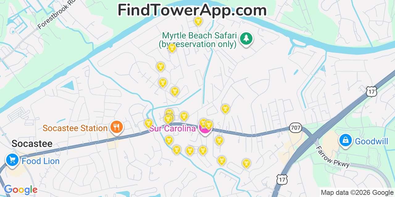 Map showing the 20 primary cell tower locations detected in Socastee, South Carolina from AT&T, Verizon, and T-Mobile networks