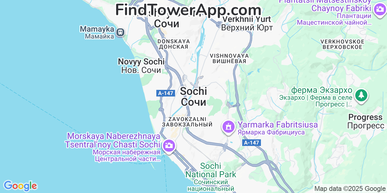 Map showing the 0 primary K-Telecom cell tower locations detected in Sochi, Russia with coverage radius and signal strength indicators