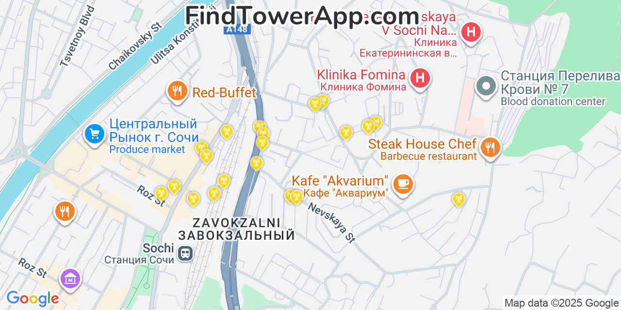 Map showing the 20 primary cell tower locations detected in Sochi, Russia with coverage areas and signal strength