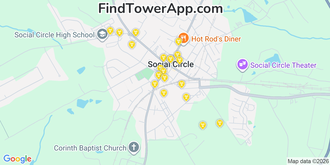Map showing the 20 primary cell tower locations detected in Social Circle, Georgia from AT&T, Verizon, and T-Mobile networks