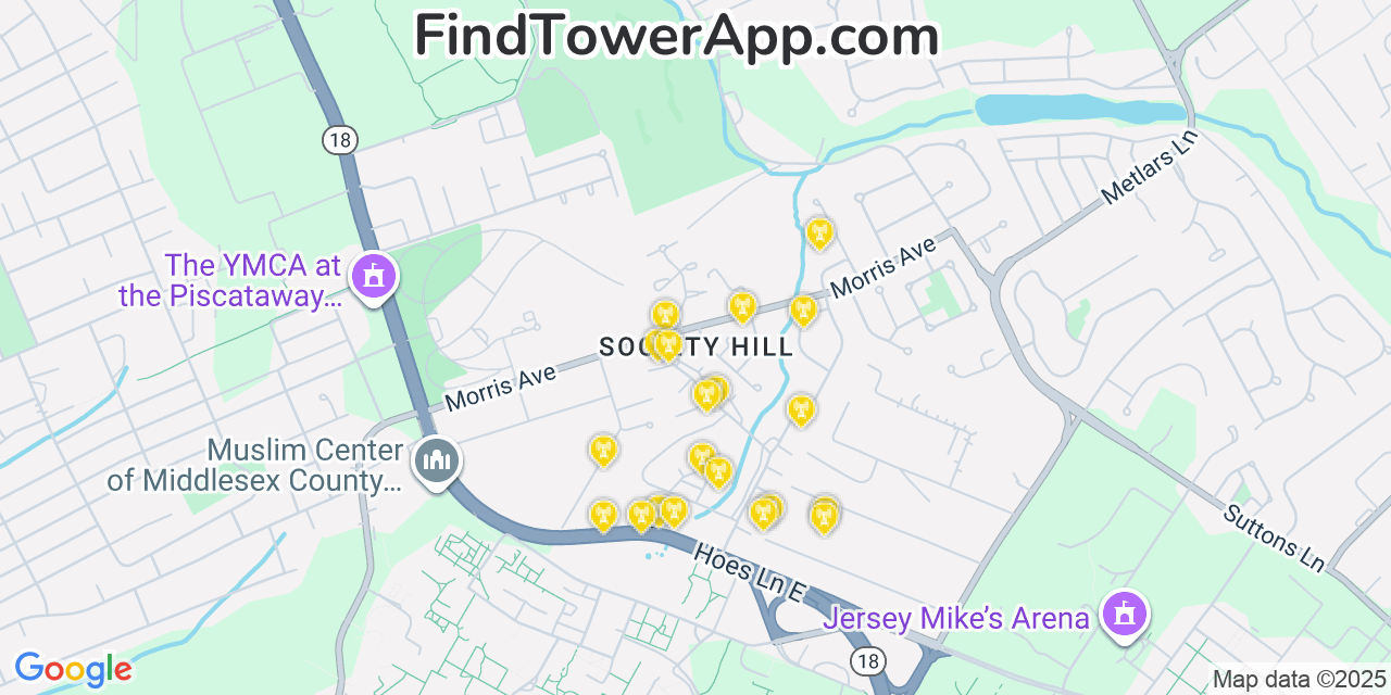 Map showing the 20 primary cell tower locations detected in Society Hill, New Jersey from AT&T, Verizon, and T-Mobile networks