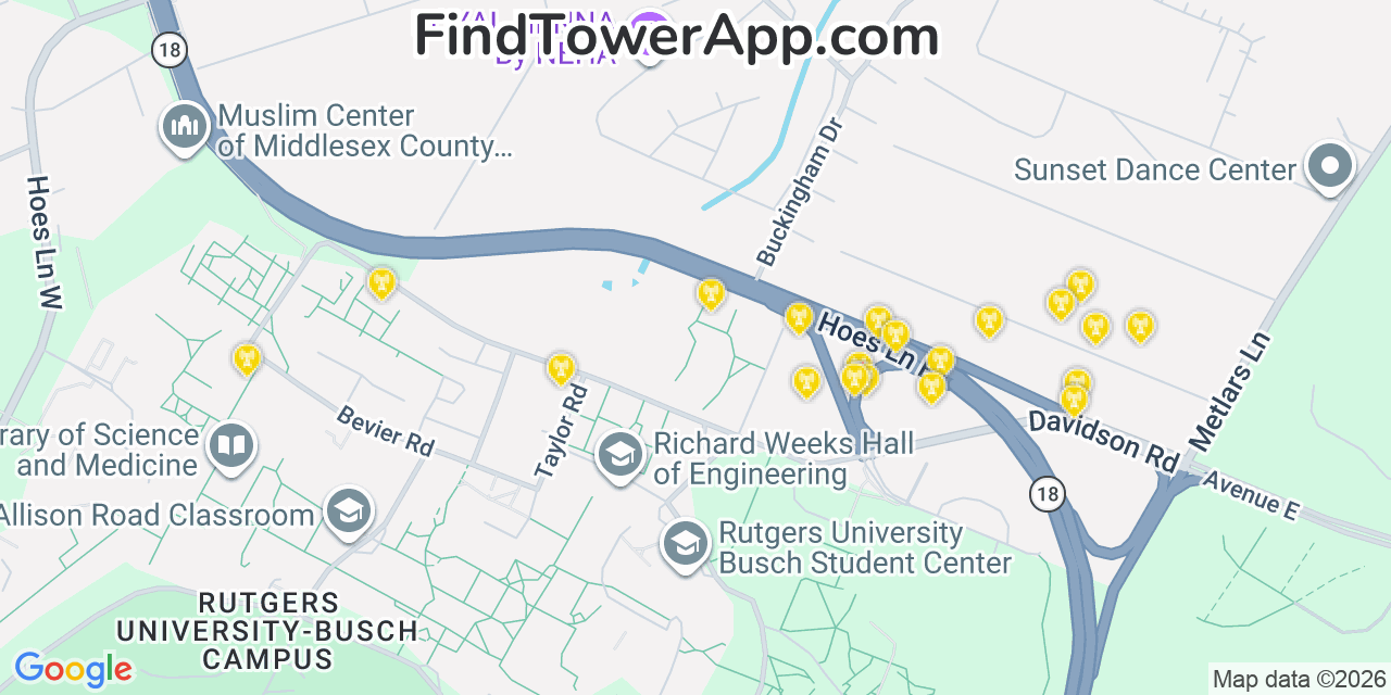Map showing the 20 primary cell tower locations detected in Society Hill, New Jersey from AT&T, Verizon, and T-Mobile networks