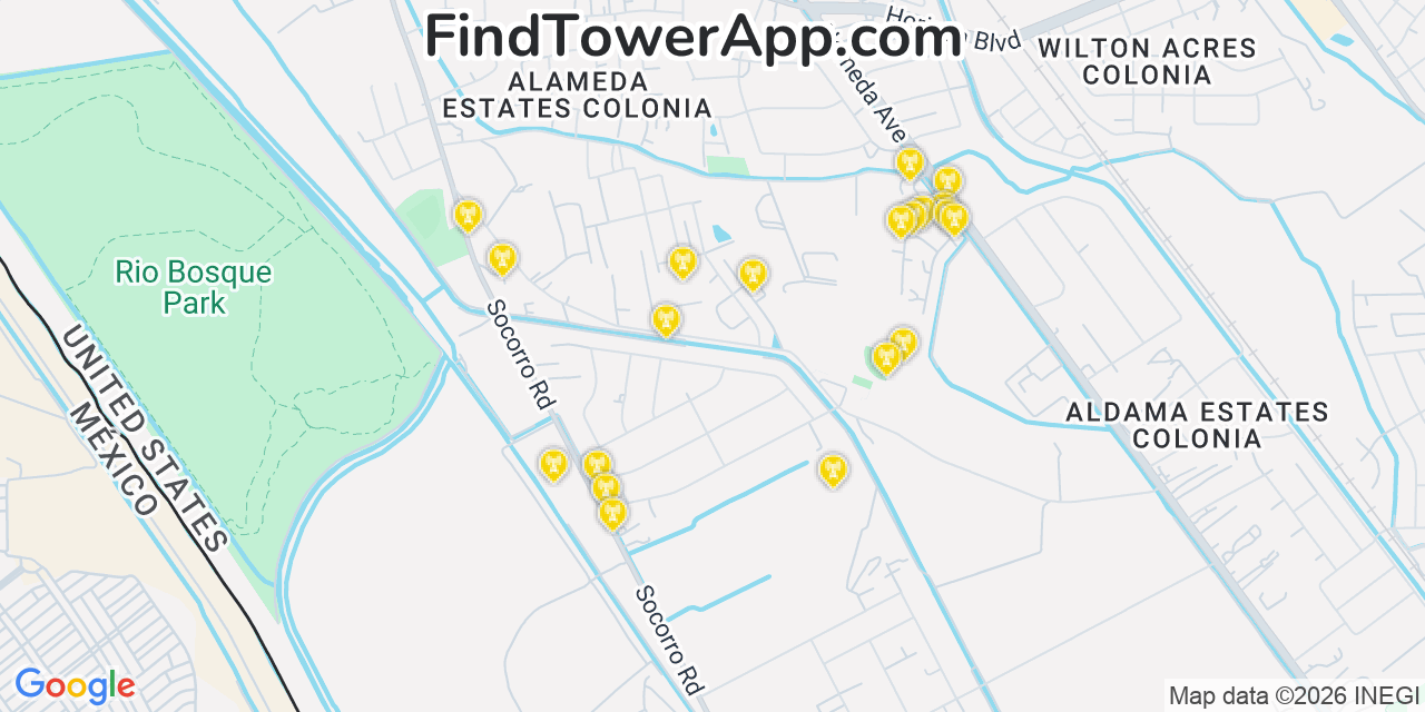 Map showing the 20 primary cell tower locations detected in Socorro Mission Number 1 Colonia, Texas from AT&T, Verizon, and T-Mobile networks