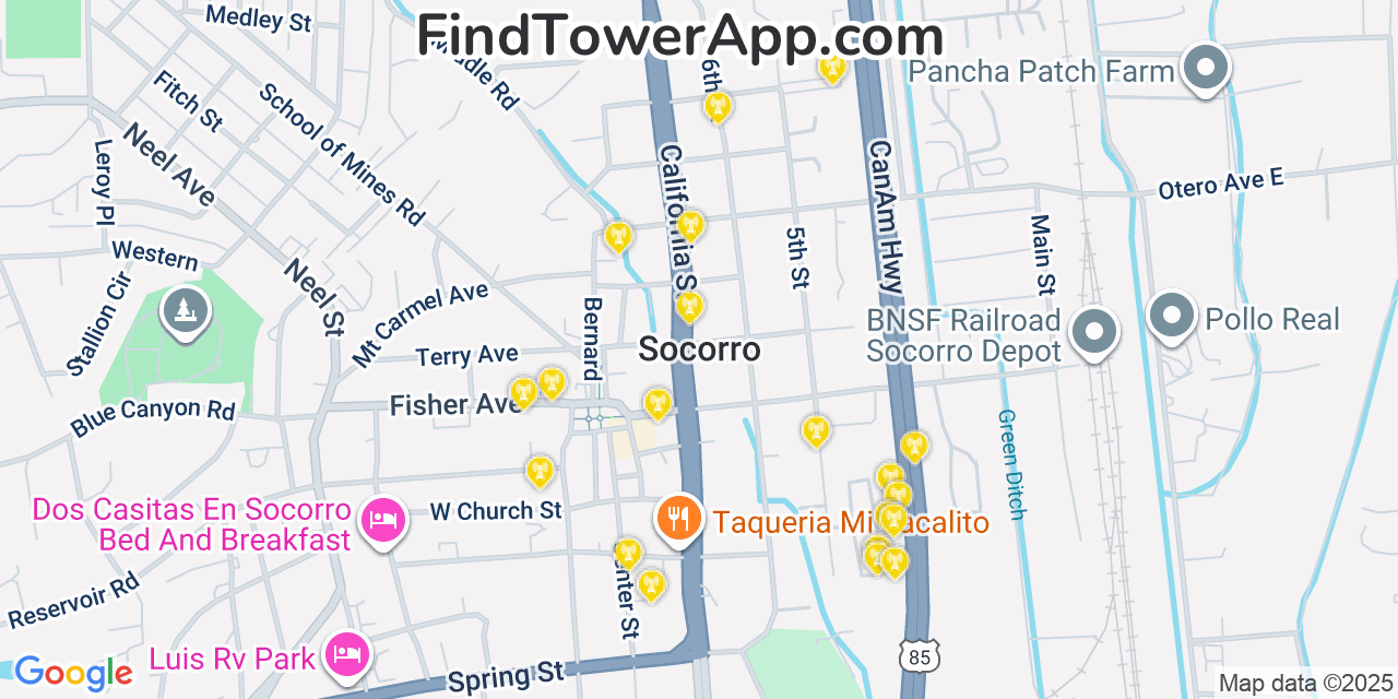 Map showing the 20 primary cell tower locations detected in Socorro, New Mexico from AT&T, Verizon, and T-Mobile networks